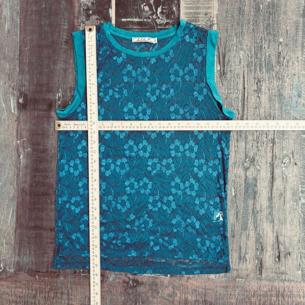 Chloe K Jrs Whimsigoth Boho Lace Sleeveless Teal Floral Sheer Overlay Shell M - Picture 4 of 10